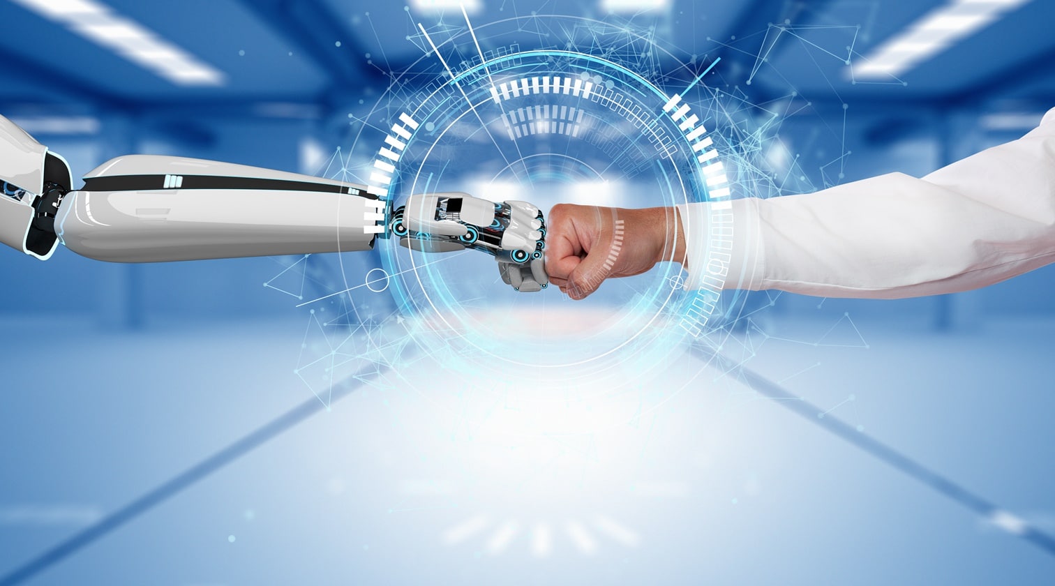 homem e robô tocando mãos