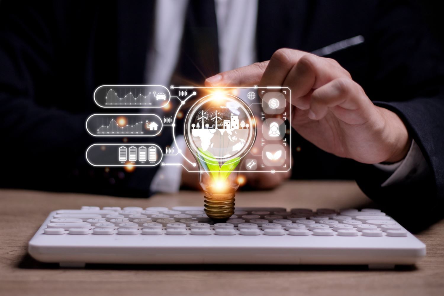 ESG, dados, executivo, gravata, teclado, lâmpada, sustentabilidade