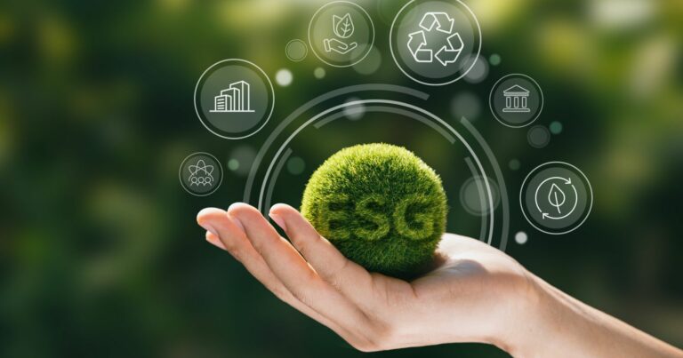 Gráfico 3D em forma de globo destacando conceitos de ESG (Environmental, Social, Governance), com ícones representando sustentabilidade, sociedade e governança, em um fundo moderno e tecnológico (ESG, sustentabilidade, futuro sustentável, materialidade)