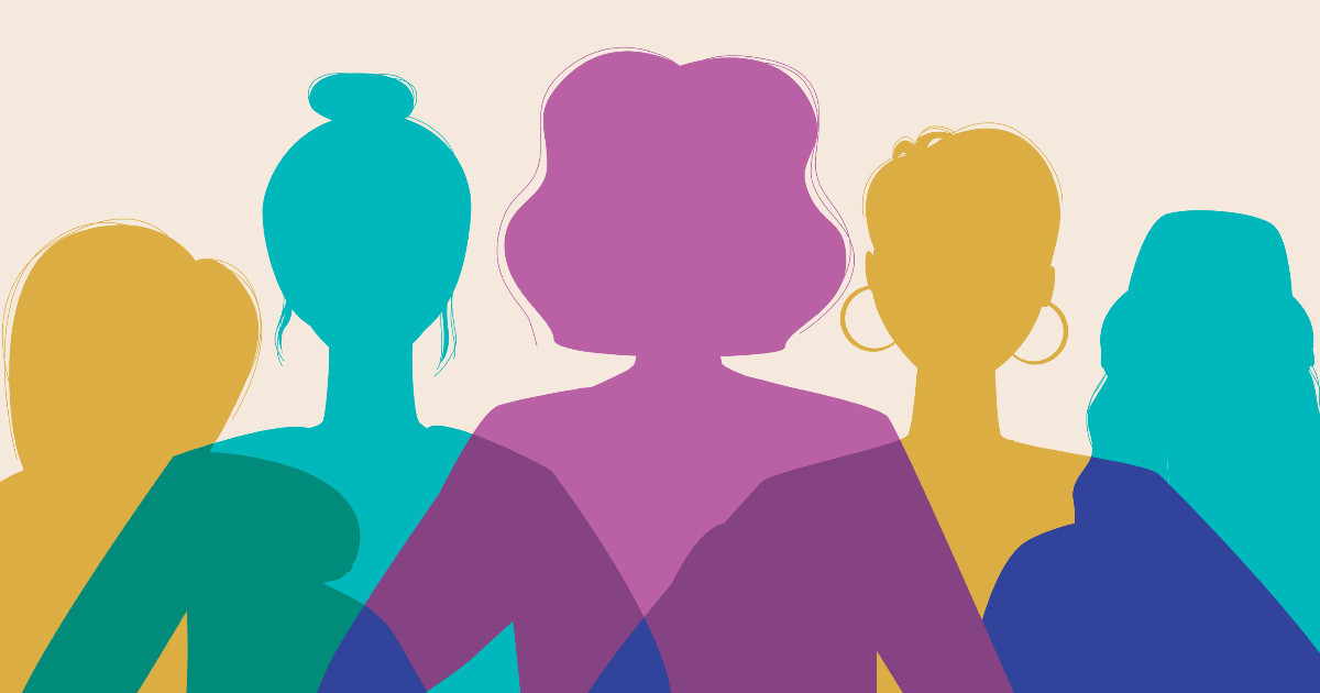 Ilustração abstrata de cinco mulheres representadas por silhuetas coloridas sobrepostas em tons de roxo, azul e dourado. A imagem simboliza diversidade, empoderamento feminino e colaboração, com formas estilizadas e um fundo neutro que destaca as figuras (Mulheres, ativismo, violência de gênero, esg, direitos, social, diversidade, dados, ciência, it forum)