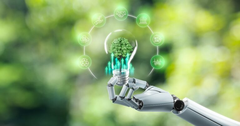 Uma mão robótica segurando uma lâmpada com uma árvore dentro, simbolizando inovação tecnológica e sustentabilidade. Ao redor da lâmpada, ícones verdes representam conceitos ESG, como reciclagem, redução de CO₂, energia limpa e metas de emissões zero (ESG, ambiental, sustentabilidade, inteligência artificial, ia, Positivo, Brasil)