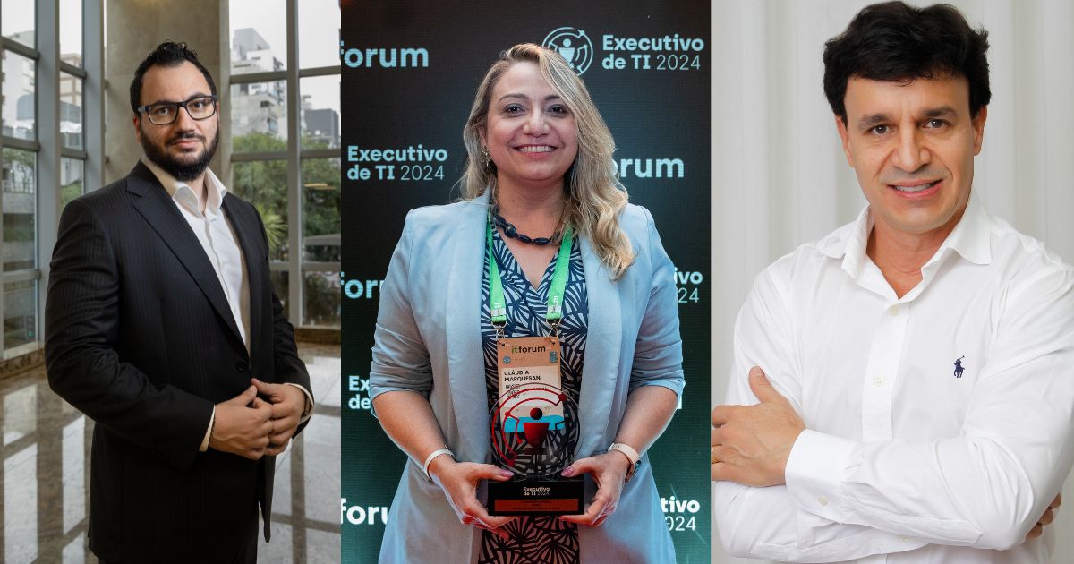 Alex Vieira, CIO do HCor; Claudia Marquesani, CIO da Copa Energia; e Ronaldo Ribeiro, CIO da Cenibra. Foto: Divulgação.