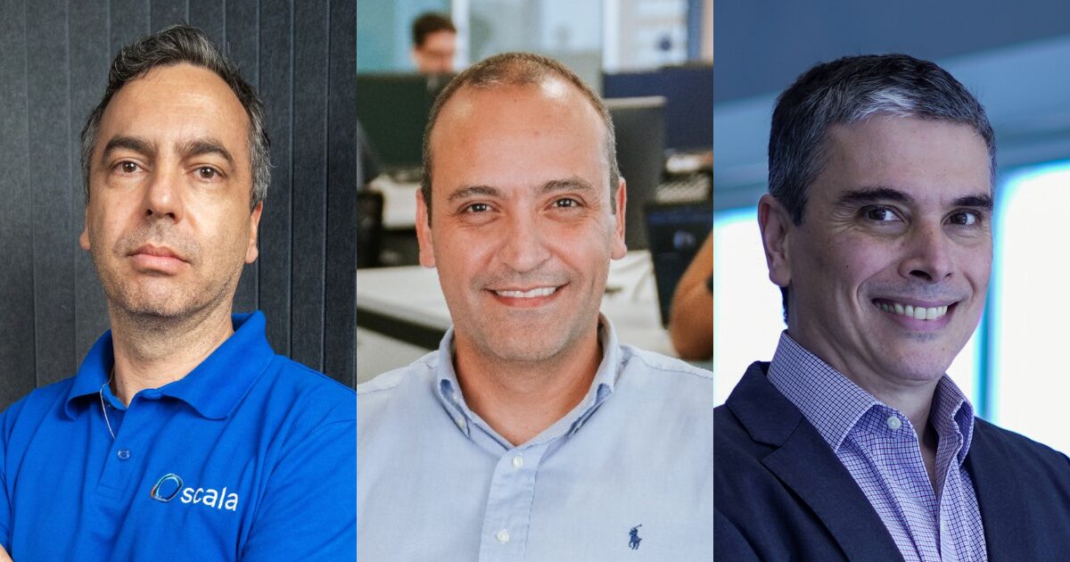 Imagem composta de três executivos em um layout lado a lado. À esquerda, Filipe Cotait, CEO da Scala Stefanini, com expressão séria, vestindo uma camisa polo azul. No centro, Giulliano Carvalho, CTO da Astride, sorrindo com uma camisa azul clara em um ambiente de escritório. À direita, Rodrigo Couto, VP de Finanças do PicPay, sorrindo, vestido com terno escuro e camisa clara, com fundo corporativo moderno. A imagem transmite profissionalismo e liderança, Executivos da Semana