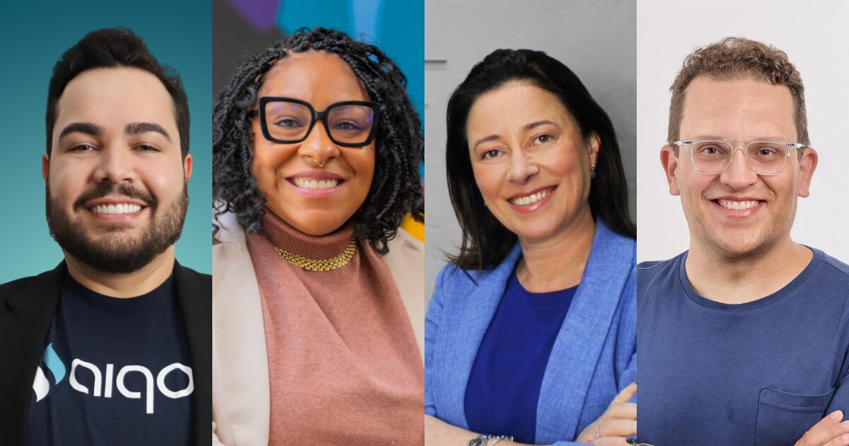 Montagem com quatro retratos lado a lado: Felipe Riule, gerente de canais da Aiqon, sorrindo com um fundo azul; Cinthia Oliveira, head de ESG Global da CI&T, sorrindo com um fundo vibrante e colorido; Aline Swensson, Chief Sales Officer da Unentel, sorrindo com um blazer azul e fundo cinza; e João Oliveira, vice-presidente de Inovação da Neo & Hypeone, sorrindo com óculos transparentes e camiseta azul, com fundo claro, executivos da semana