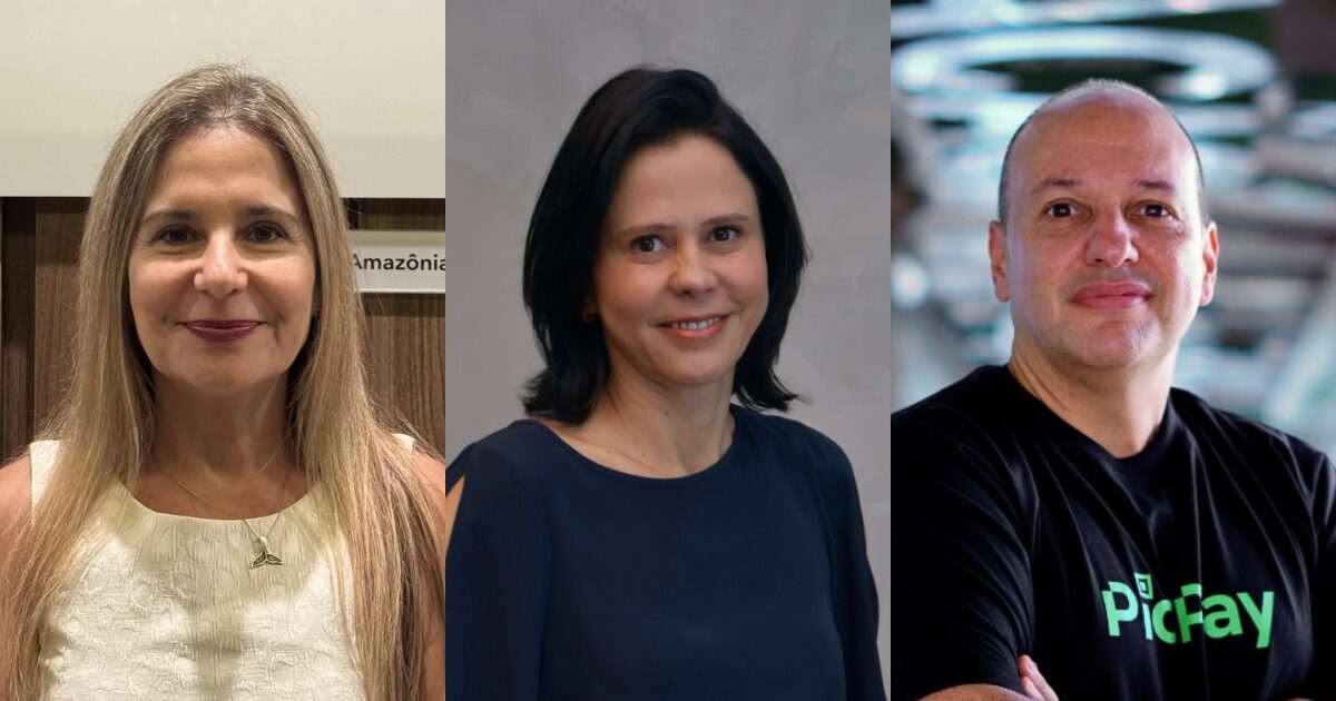 A imagem mostra três executivos em destaque. À esquerda, está Célia Regina da Silva, executiva de Contas da Diebold Nixdorf, usando um top branco e sorrindo para a câmera. No meio, está Marília Rocca, CEO da Funcional Health Tech, usando uma blusa azul escura e também sorrindo. À direita, está Alexandre Moshe, vice-presidente de Ecossistema e Audiências do PicPay, usando uma camiseta preta com o logotipo do PicPay em verde. Eles estão posando em ambientes profissionais, transmitindo uma imagem de liderança e inovação