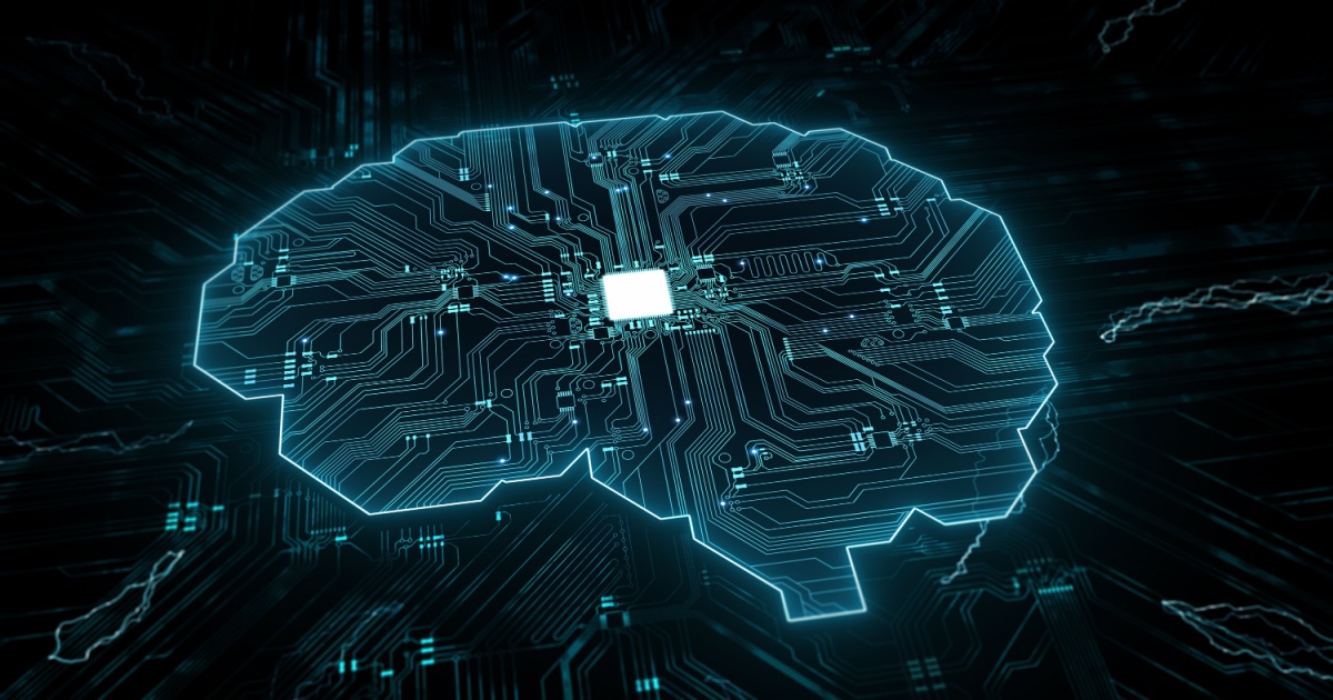 Ilustração de um cérebro artificial feito de circuitos e linhas luminosas, representando a inteligência artificial e a tecnologia avançada( ia, inteligência artificial, ai, cerebro, deeptech, deeptechs)