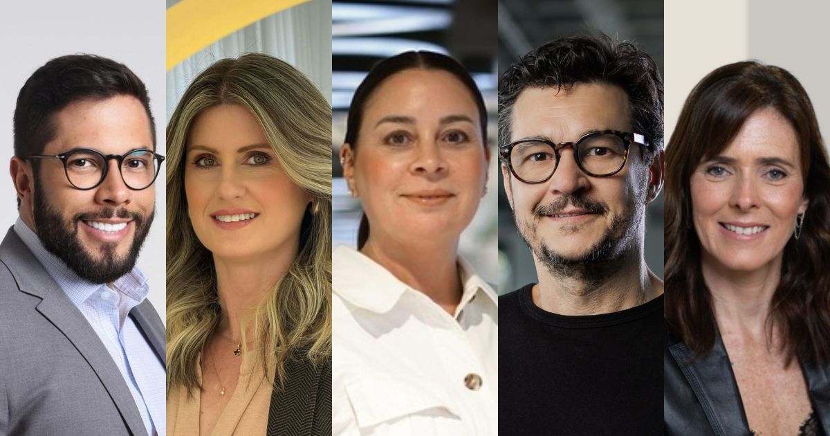 Montagem com cinco executivos: Paulo Silvestre de Oliveira Junior, diretor de Inovação e Desenvolvimento Estratégico da Buttini Moraes; Andréa Rangel, head de Negócios em Saúde da Hexa IT; Renata Greco, vice-presidente executiva de Serviços Financeiros para Pessoa Jurídica da PicPay; Vicente Rezende, CMO da RD Station; e Anna Karina Silva Pinto, diretora de Marketing da LG Electronics, ilustrando liderança em diversos setores, executivos da semana