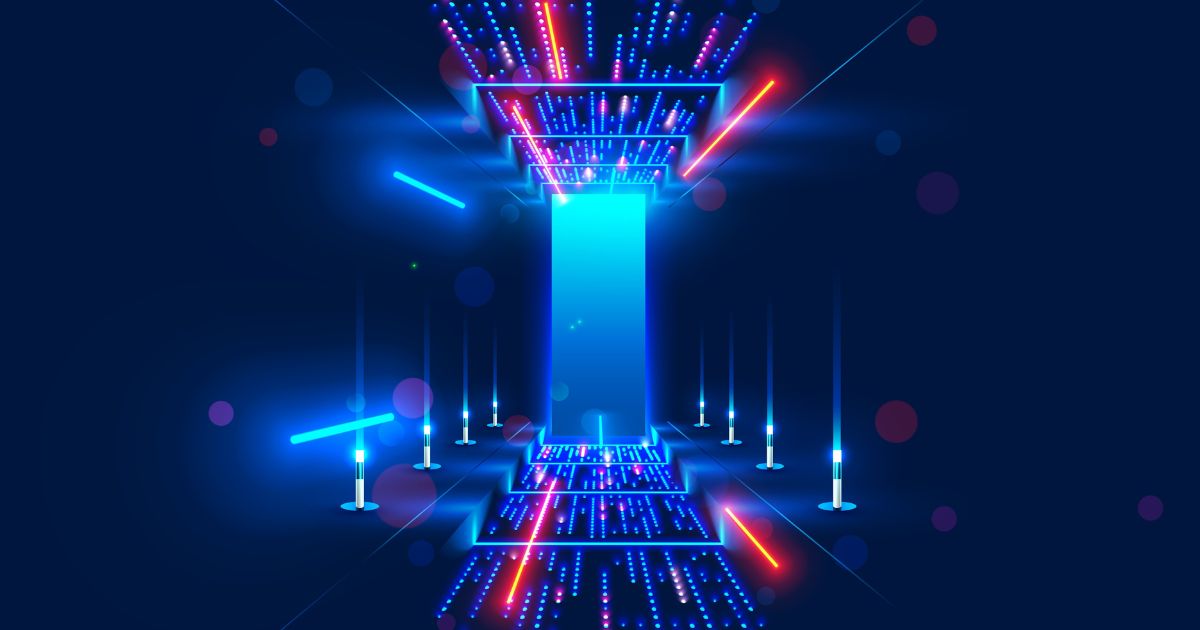 A ilustração apresenta um portal futurista brilhante com tons predominantes de azul neon e detalhes em vermelho. No centro, uma estrutura vertical semelhante a um portal ou passagem luminosa emana luz intensa e tecnológica. O chão e o teto estão decorados com padrões digitais formados por pontos de luz, que criam uma sensação tridimensional e de profundidade. Ao redor, pequenas torres luminosas azuis estão alinhadas como se fossem indicadores ou dispositivos energéticos. Linhas de luz adicionais cortam o espaço, reforçando o visual futurista. O fundo é escuro, destacando ainda mais o efeito vibrante e tecnológico da cena.