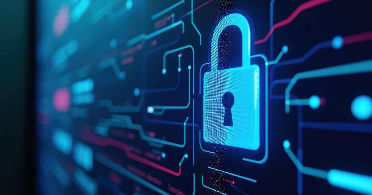 Representação digital de cibersegurança com um cadeado azul brilhante no centro, sobreposto a um fundo de circuitos e dados em tons de azul e vermelho. A imagem simboliza proteção de dados e tecnologia avançada, destacando conceitos de segurança digital e o uso de inteligência artificial generativa para proteger informações (ataques maliciosos, acordos, empresa, golpes)