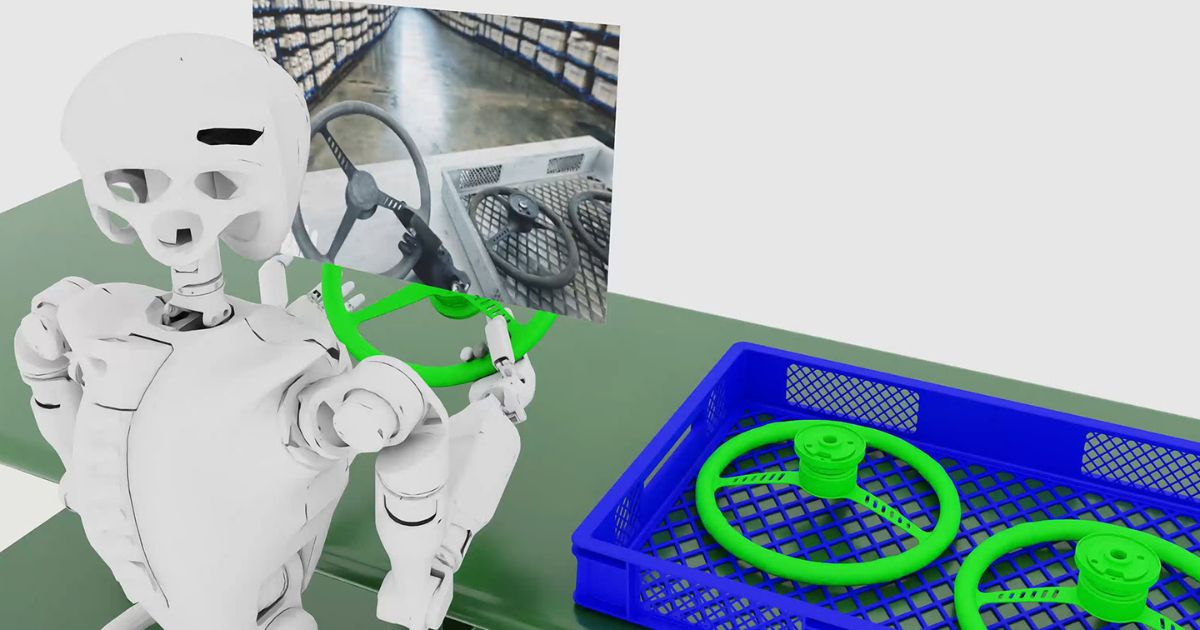 Representação gráfica do Nvidia Cosmos: um robô branco segurando uma peça verde enquanto trabalha em um ambiente industrial simulado, com caixas azuis e um monitor exibindo um ambiente de armazém