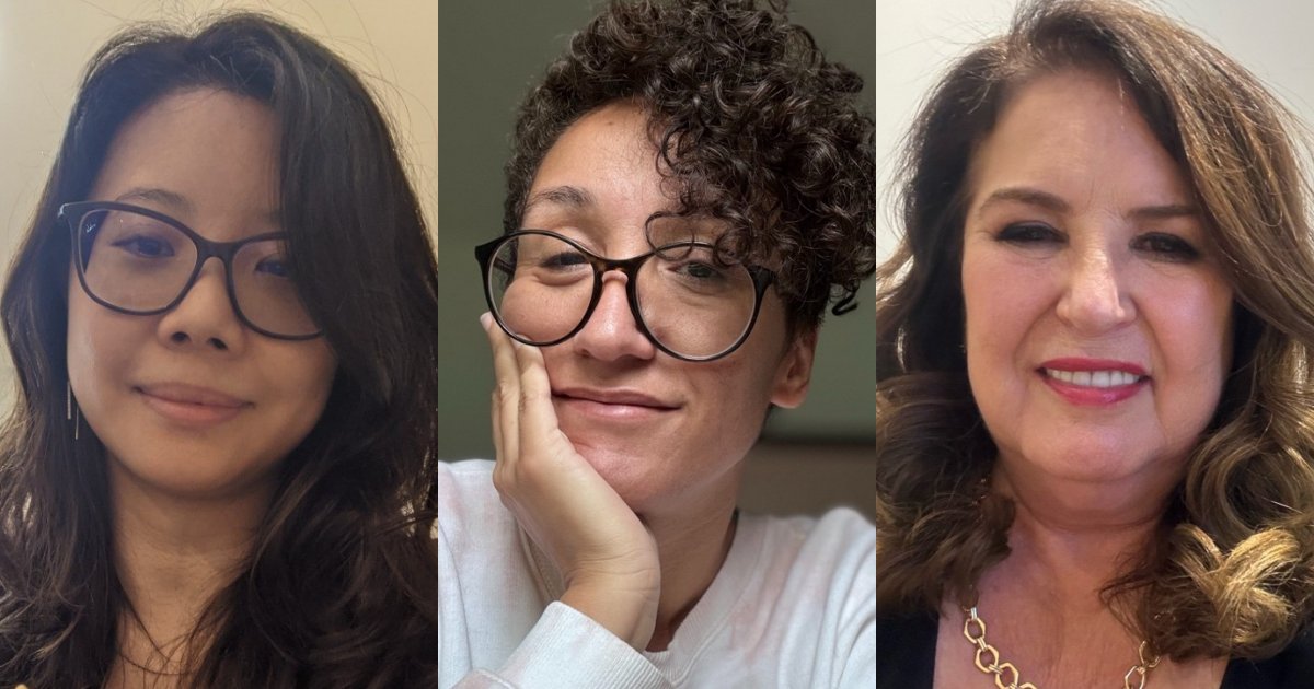 Montagem com três retratos de mulheres em destaque no Dia Internacional das Mulheres e Meninas na Ciência. Da esquerda para a direita: Betty Chu, head de dados e linguística na Hand Talk, com cabelo longo e óculos, sorrindo levemente; Matilde Marques, head da divisão de negócios de alimentos na Adeste, com cabelo curto e cacheado, usando óculos grandes e apoiando o rosto na mão com um sorriso sutil; e Talita Castro, CEO do PiniOn, com cabelos ondulados e um colar dourado, sorrindo. Cada uma aparece com um fundo neutro, destacando suas expressões e perfis profissionais