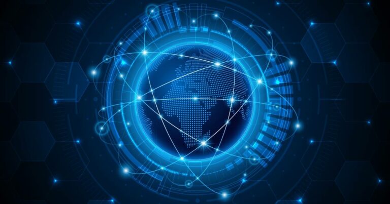Ilustração de uma esfera digital representando o planeta Terra, destacada por um padrão de pontos luminosos. Linhas conectam diferentes partes da esfera, simbolizando conexões globais. O fundo exibe elementos tecnológicos, como hexágonos e circuitos, em tons de azul neon e preto, criando um visual futurista e tecnológico, internet