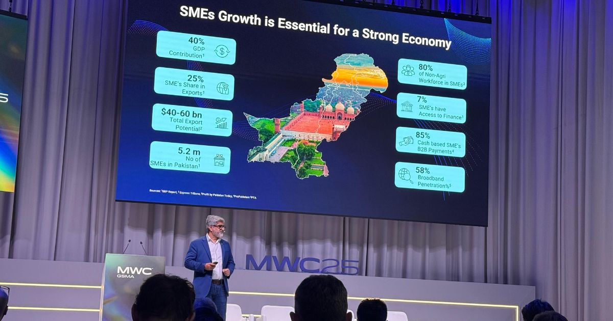 CEO da Jazz apresenta no palco do MWC 2025, em um ambiente de conferência com cortinas brancas e iluminação azulada. Ele veste um blazer azul, camisa branca e jeans, segurando um controle remoto na mão enquanto fala para a plateia. Atrás dele, um grande telão exibe um slide com o título 'SMEs Growth is Essential for a Strong Economy' e destaca estatísticas sobre o impacto das PMEs no Paquistão, incluindo sua contribuição para o PIB (40%), participação nas exportações (25%), potencial de exportação (US$ 40-60 bilhões) e número total de PMEs (5,2 milhões). O slide também menciona desafios, como o baixo acesso a financiamento (7%) e o alto uso de pagamentos em dinheiro (85%), além de dados sobre a penetração da banda larga (58%). A plateia, vestida formalmente, acompanha a apresentação atentamente.