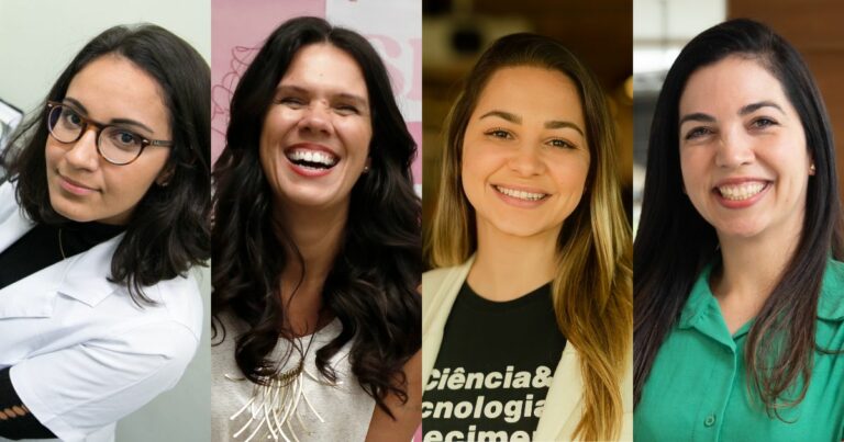 A imagem apresenta um mosaico com quatro mulheres sorridentes, cada uma em um ambiente diferente, representando a diversidade e força feminina no empreendedorismo e negócios de impacto. A primeira mulher, à esquerda, usa um jaleco branco e óculos, sugerindo atuação na área da saúde ou ciência. A segunda tem cabelos longos e escuros e veste um colar estilizado, transmitindo uma imagem descontraída e confiante. A terceira usa uma camiseta com palavras relacionadas à ciência e tecnologia, remetendo à inovação e conhecimento. A quarta, à direita, veste uma camisa verde e sorri de forma acolhedora, representando profissionalismo e simpatia. A imagem ressalta a diversidade e a importância das mulheres em diferentes setores do empreendedorismo