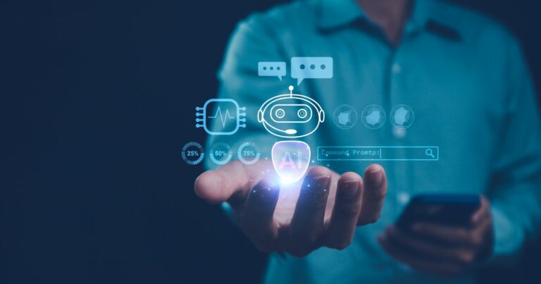A imagem representa o conceito de inteligência artificial e assistentes virtuais. Um homem, vestido com uma camisa azul, segura um smartphone enquanto projeções holográficas aparecem sobre sua mão. Os ícones incluem um robô de IA, gráficos de desempenho, um chip eletrônico e uma barra de pesquisa com "Command Prompt:". A cena é iluminada com tons de azul, reforçando a ideia de tecnologia avançada, automação e interação com agentes de IA (agentes de IA)