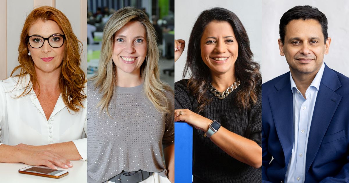Imagem com quatro executivos em destaque, da esquerda para a direita: Simone Santinato Ramirez, nova CRO da Privacy Tools, veste camisa branca e usa óculos de armação preta; Alessandra Santana, nova CEO da W3haus, sorri e veste uma blusa cinza com brilho; Priscila Siqueira, nova CRO da Gupy, sorri e veste blusa preta com colar metálico; e Vishal Dalal, novo CEO da Pismo, veste terno azul e camisa clara. A imagem representa os executivos da semana.