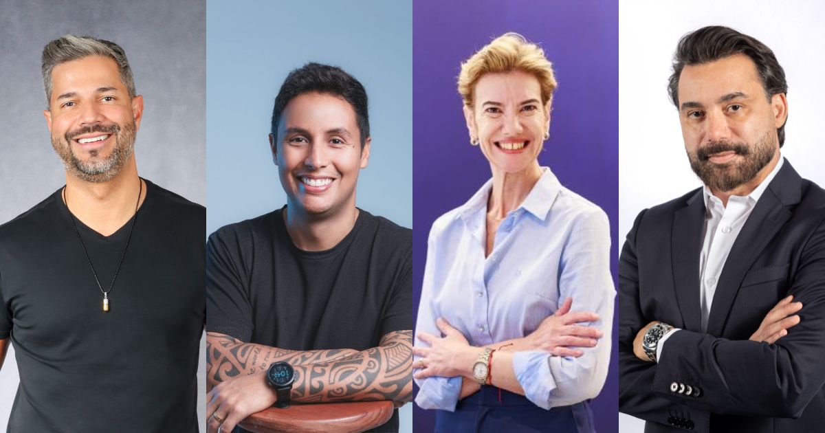 Foto com montagem de quatro executivos em diferentes fundos coloridos. Da esquerda para a direita: Nycholas Szucko, novo CXO da Advisor Netskope, vestindo camiseta preta e sorrindo; Vinicius Fontes, novo CEO da Stocci, também sorrindo, com camiseta preta e tatuagens visíveis no braço; Rafaela Costa, nova vice-presidente de redes e serviços gerenciados da Ericsson para o Cone Sul da América Latina, com camisa azul clara e fundo roxo; e Marlos Steffen, novo CRO da Approach, com terno escuro e camisa branca, posando com os braços cruzados.