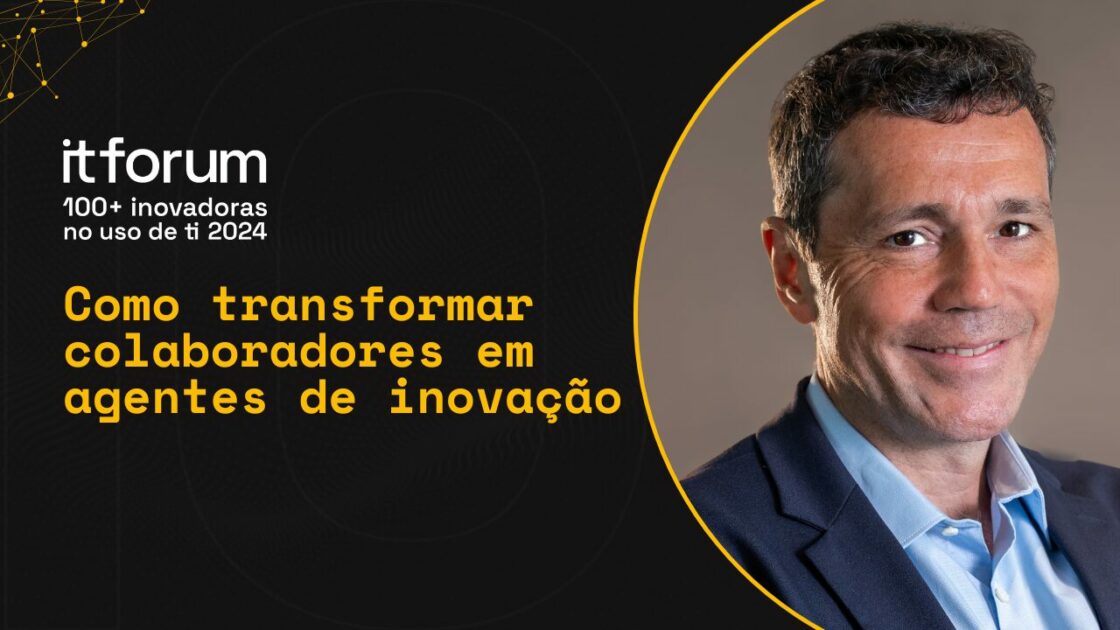 Gilles Coccoli, presidente da Edenred Brasil, aparece sorrindo, usando paletó azul e camisa azul clara. Ao lado direito da imagem, há um fundo preto com detalhes gráficos em amarelo e a identidade visual do evento "itforum 100+ inovadoras no uso de ti 2024", acompanhado do título "Como transformar colaboradores em agentes de inovação"