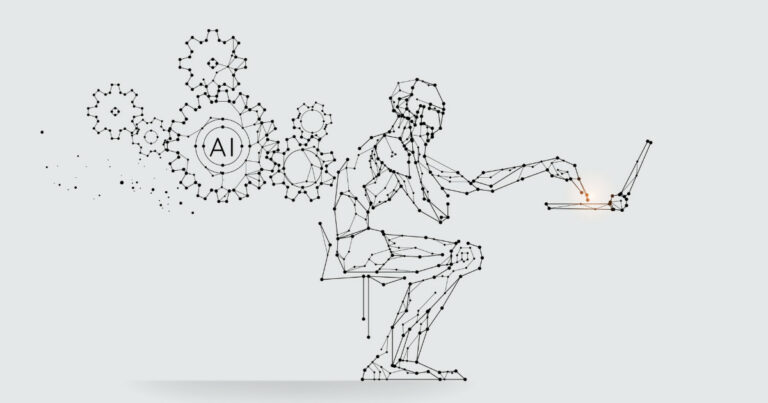 Ilustração de um robô em formato humano, construído por linhas e pontos conectados, sentado e operando um notebook. Atrás do robô, aparecem engrenagens conectadas, com uma delas destacando as letras "AI", representando inteligência artificial. A imagem transmite a ideia de tecnologia, automação e inteligência artificial em ação (emprego)
