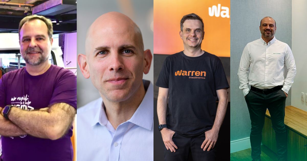 Montagem com quatro homens em diferentes ambientes profissionais. Da esquerda para a direita: o primeiro usa camiseta roxa e está de braços cruzados em um escritório moderno; o segundo veste camisa social azul clara e aparece em close com fundo desfocado; o terceiro usa camiseta preta da Warren Investimentos, posando à frente de um painel com o logotipo da empresa; o quarto veste camisa branca da PayGoPagamentos e está em pé em uma sala de reuniões com mão no bolso, sorrindo, empresa, executivos