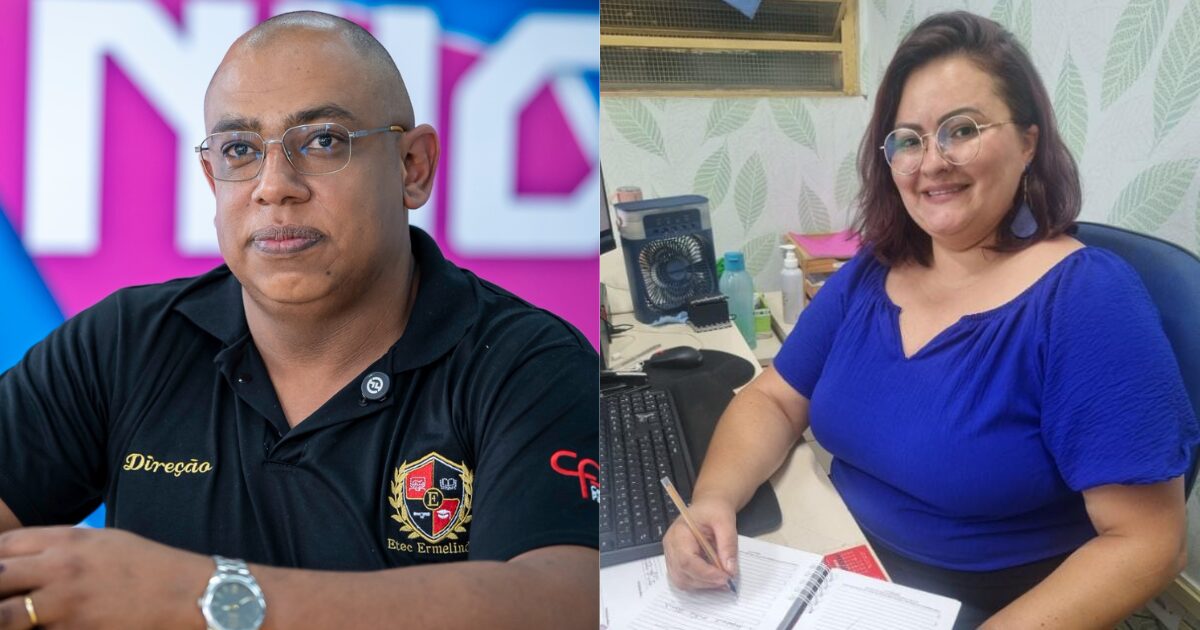 Bruno Nascimento, diretor da Etec Profª Ermelinda Giannini Teixeira e Luciana Madureira, diretora da Etec Bartolomeu Bueno da Silva. Imagens: divulgação