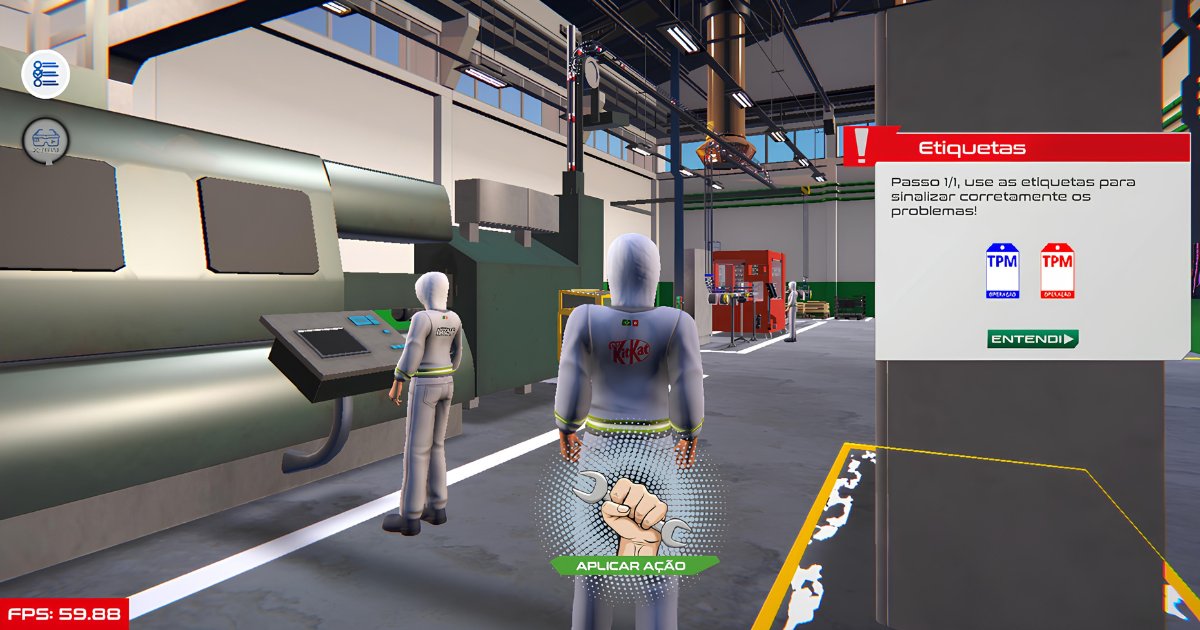Imagem do ambiente virtual “Nesverso” da Nestlé, representando uma simulação de fábrica. Dois avatares com uniformes da marca KitKat (produto da Nestlé) estão diante de uma máquina industrial. Um painel no canto direito orienta o usuário a usar etiquetas TPM azuis (operação) e vermelhas (parada) para sinalizar problemas, como parte de um treinamento gamificado. No canto inferior esquerdo, é exibida a taxa de quadros por segundo (FPS: 59.88).