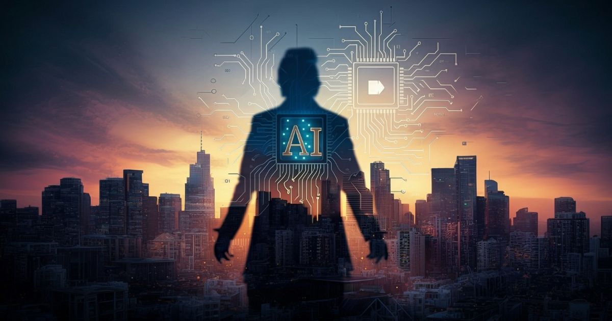 Ilustração de uma silhueta humana em pé, posicionada no centro de uma cidade com prédios altos ao entardecer, com o céu em tons de laranja, rosa e azul. Sobre a silhueta, há circuitos eletrônicos digitais simulando conexões tecnológicas, com destaque para um símbolo luminoso no peito com as letras “AI”, representando inteligência artificial. À direita, um ícone de “play” digital também aparece entre os circuitos. A imagem transmite a integração entre tecnologia, inteligência artificial e o ambiente urbano futurista. (Trump)