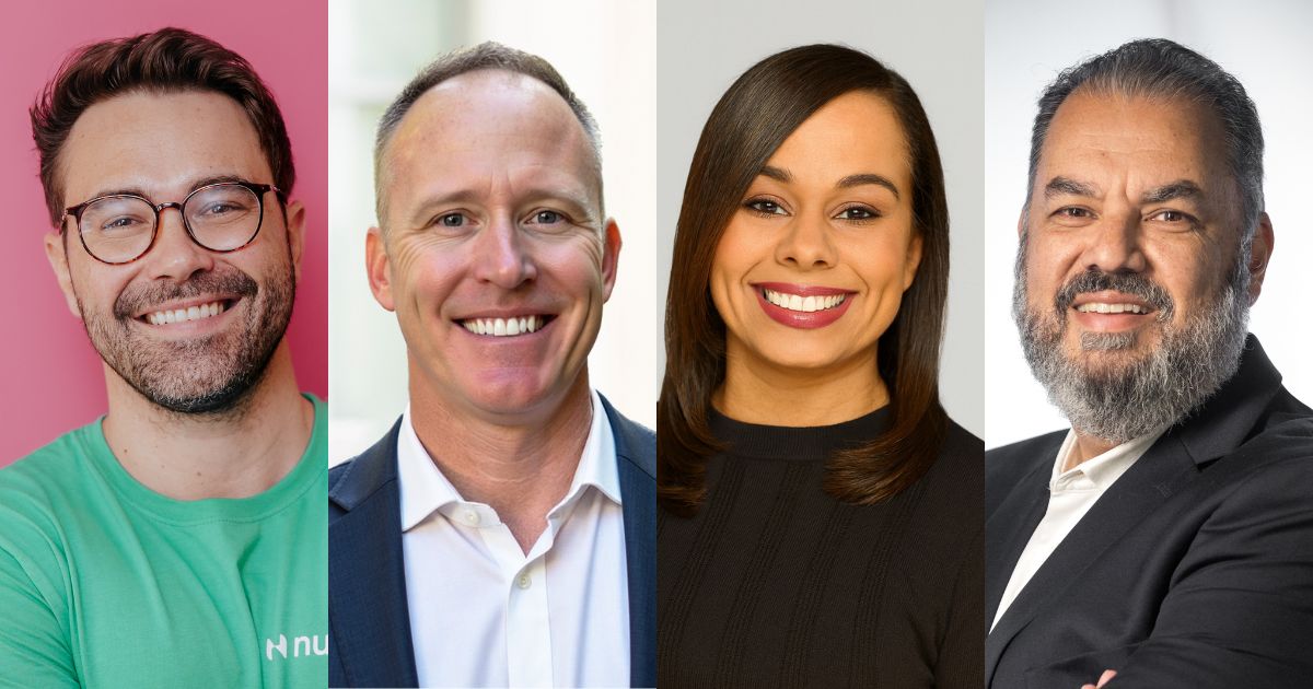 Foto em colagem com quatro executivos em planos separados: Yuri Kaminski, novo COO da Nuvia, usando camiseta verde e óculos; Matthew Brown, novo diretor financeiro da Tenable, de terno azul e camisa branca; Graziele Sousa, nova responsável por parcerias estratégicas da Nexxt Cloud, com vestido preto; e Fernando Silva, novo sócio e coCEO da Ibliss, de terno escuro e camisa branca.