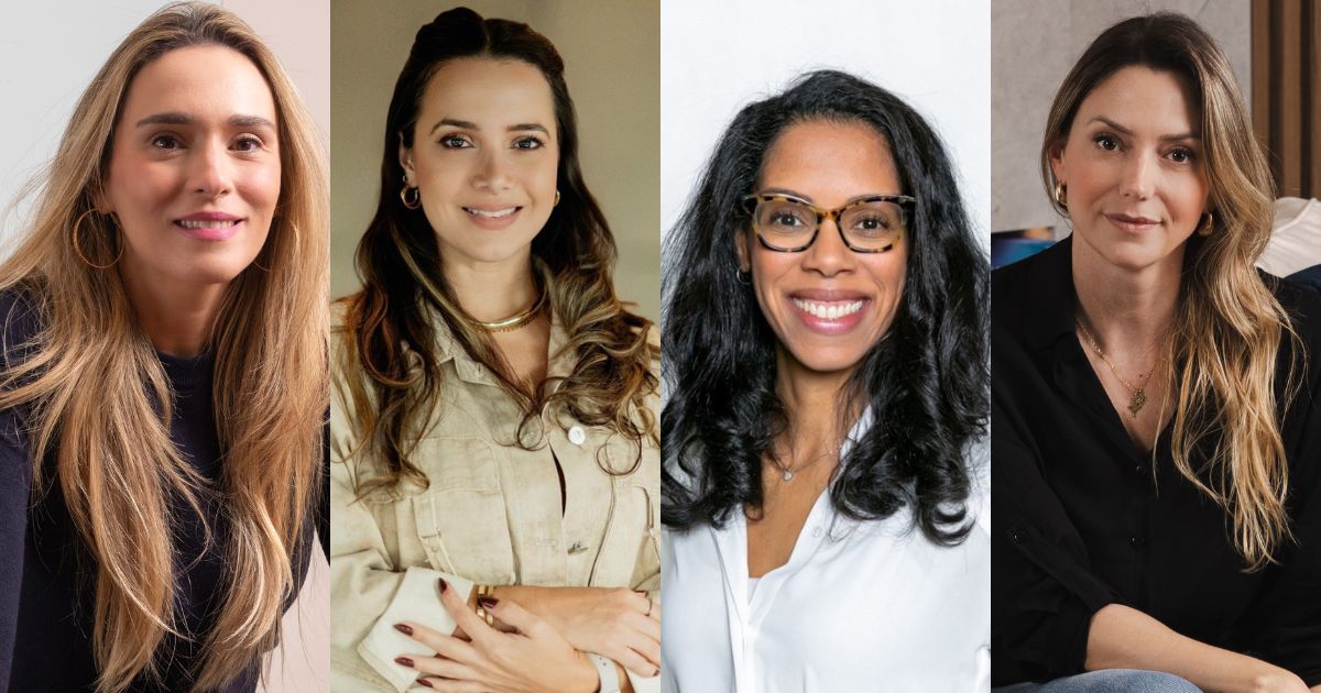 Foto em formato de montagem com quatro mulheres executivas em retratos individuais lado a lado. Da esquerda para a direita: Clara Arra, CCO e CMO da FastPay, com cabelos loiros soltos e blusa escura; Danielle Sene, gerente de marketing sênior da Foursys, de cabelos castanhos soltos e blusa clara; Naamisis Campos, CHRO da Asaas, de cabelos cacheados soltos, óculos de grau e blusa branca; e Camila Besseler, CMO da Taking, de cabelos loiros soltos e blusa preta (executivos)