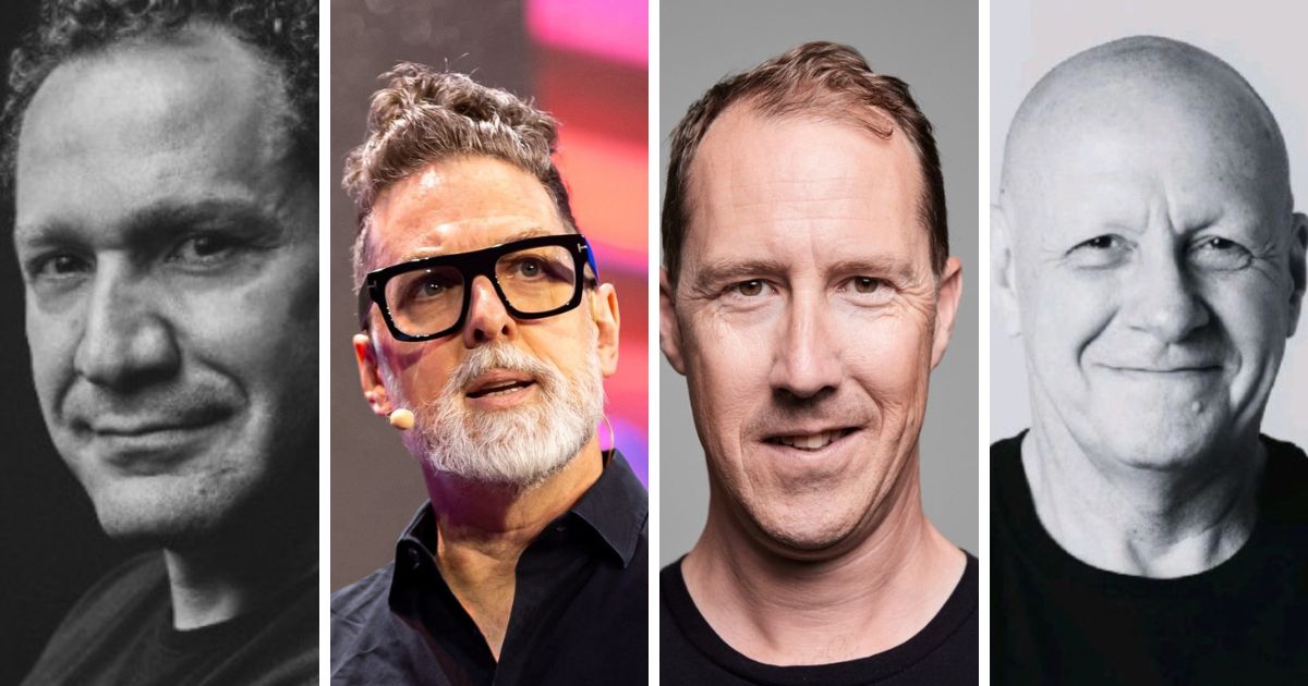 Colagem composta por quatro retratos individuais. O primeiro, à esquerda, é em preto e branco e mostra uma pessoa com cabelo cacheado e leve sorriso. O segundo retrato apresenta uma pessoa com óculos, cabelo grisalho e barba, falando ao microfone com luzes coloridas ao fundo. O terceiro mostra uma pessoa de pele clara e cabelo curto, em frente a um fundo cinza liso. O quarto retrato, também em preto e branco, exibe uma pessoa sem cabelo, vestindo camisa escura e sorrindo levemente para a câmera. A imagem destaca a diversidade de estilos e expressões entre os indivíduos. (RD Summit)