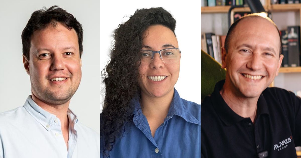 Montagem com três fotos de executivos: à esquerda, Marcelo Franco, novo diretor de operações da Wevy, sorrindo e usando camisa social clara; ao centro, Eginara Nery, nova head of payments da Bitybank, com óculos, cabelo cacheado lateral e camisa azul; à direita, Fernando Moulin, novo CEO da Polaris Group, sorrindo e usando camisa preta, com estante de livros ao fundo.