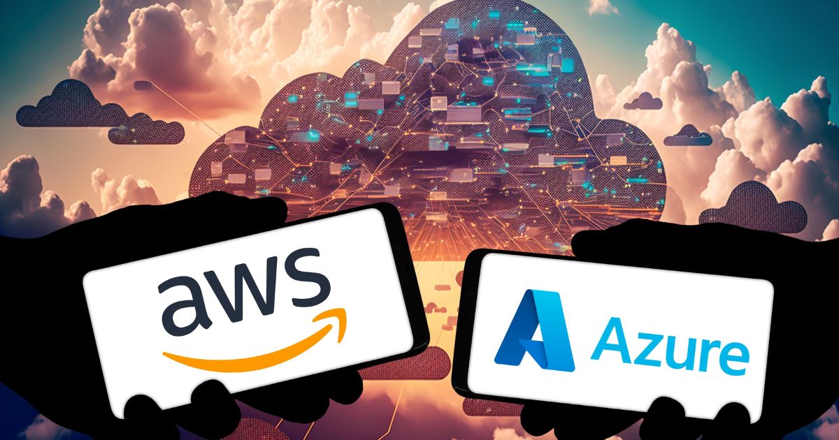 A imagem representa um conceito de computação em nuvem, destacando duas das maiores plataformas de cloud do mercado: AWS (Amazon Web Services) e Microsoft Azure. O cenário é ilustrativo e tecnológico.
