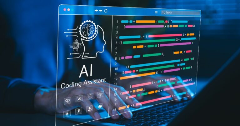 A foto mostra uma tela virtual transparente com elementos gráficos relacionados à programação e inteligência artificial. À esquerda, há um ícone de perfil humano com circuitos no cérebro e o texto “AI Coding Assistant” abaixo. À direita, aparecem linhas de código coloridas em diferentes tons (roxo, azul, verde, laranja), organizadas com números de linha, simulando um editor de código. Ao fundo, há um teclado iluminado, sugerindo que alguém está digitando, e o ambiente tem iluminação azul, transmitindo um clima tecnológico e futurista. (software, pensar)