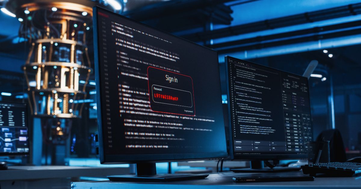 A cena mostra duas telas de computador em um ambiente tecnológico com iluminação azulada, sugerindo um laboratório ou centro de operações avançado. A tela principal exibe código em fundo escuro e uma janela de login com destaque em vermelho, contendo a mensagem “Sign in” e um campo de senha preenchido com caracteres, indicando “UNAUTHORIZED”. A segunda tela também apresenta linhas de código e dados técnicos. Ao fundo, há uma estrutura cilíndrica iluminada, que lembra um equipamento de computação quântica ou servidor de alta tecnologia, reforçando o contexto de segurança cibernética e infraestrutura avançada. (IA)