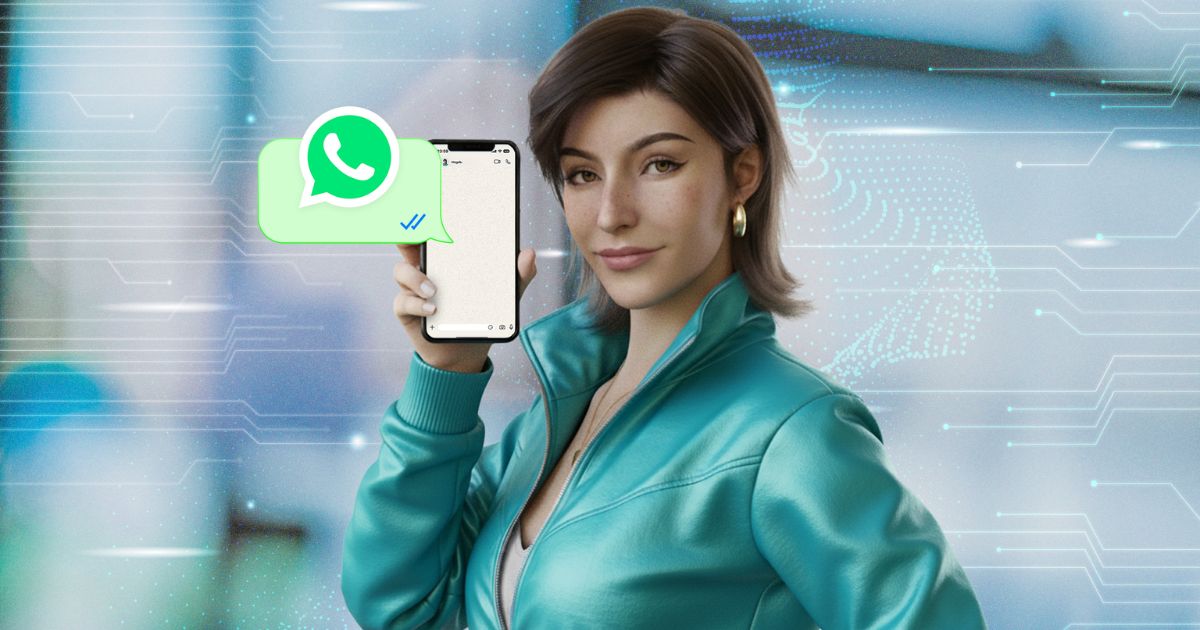 A cena mostra uma pessoa segurando um smartphone na altura do rosto, com a tela voltada para frente. Sobre a tela do dispositivo, há um ícone do WhatsApp com duas marcas de verificação azuis, indicando mensagem lida. A pessoa veste uma jaqueta esportiva em tom de verde-azulado com zíper parcialmente aberto, revelando uma blusa clara por baixo. No fundo, há um design digital com linhas e padrões tecnológicos em tons de azul, sugerindo um contexto relacionado à comunicação ou tecnologia. (Magalu)