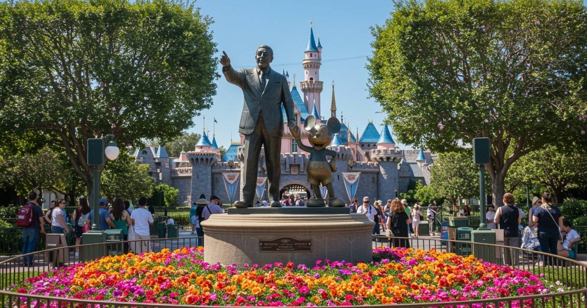 Estátua de um homem adulto de terno, com o braço levantado, ao lado do personagem Mickey Mouse, em um pedestal cercado por canteiros de flores coloridas, com o Castelo da Disneyland ao fundo e visitantes caminhando pelo parque, openai