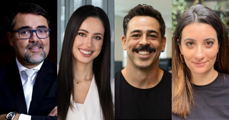 Montagem com retratos de quatro executivos. Da esquerda para a direita: Alexis Aguirre, novo head de cibersegurança da Tata Consultancy Services (TCS), usando terno escuro, camisa branca e gravata clara, com óculos e barba grisalha; Carolina Marchesano Hasse, nova diretora de compliance da Stark Infra, sorrindo, com cabelo longo e liso, vestindo blusa clara e colar delicado; Rafael Macedo, novo CTO da Payloop, sorrindo, com bigode, cabelo curto, camiseta preta e brinco na orelha; e Natália Zeferino, nova diretora global de RH da Blip, com expressão neutra, cabelo longo castanho, usando blusa preta e brincos geométricos.