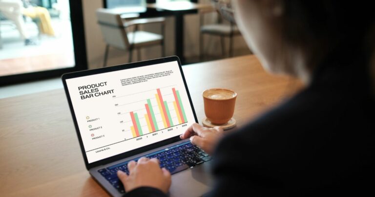 Pessoa sentada diante de um notebook em uma mesa de madeira, analisando um gráfico de barras intitulado “Product Sales Bar Chart”, que mostra comparações de vendas entre os anos de 2020 e 2023. Ao lado do computador, há uma xícara de café em um pires. O ambiente parece ser um café ou espaço de trabalho com móveis claros e janelas amplas ao fundo. (vendas)